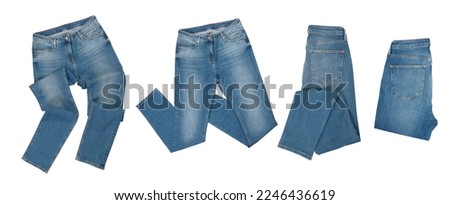 Blue jeans isolated on white background close up set