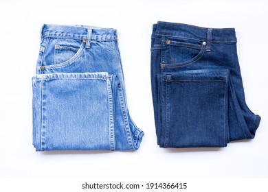 Blue Jeans In A Row, Stack Of Denim Pants, Composition, Denim Texture.