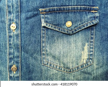 Blue Jeans Shirt Pocket Close Up