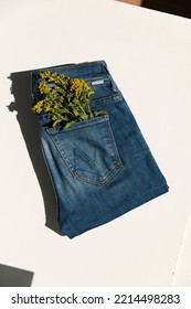 Blue Jeans Trouser With Yellow Flowers Backstage Fashion Shoot