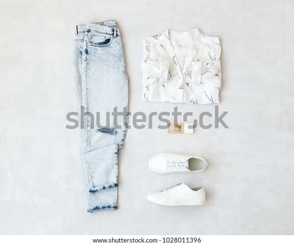 Blue Jeans White Shirt Floral Print Stock Photo Edit Now