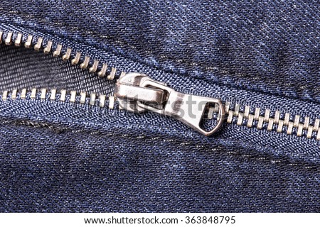 Blue jeans zipper closeup.