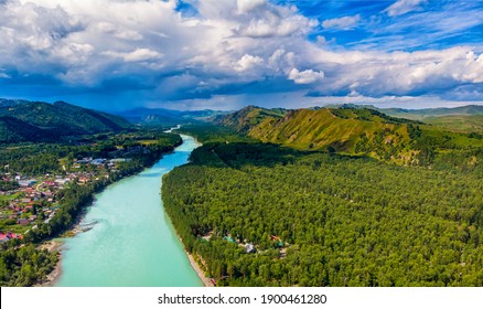 Blue Katun river lake Aya Altai mountains republic Russia, aerial top view. - Powered by Shutterstock