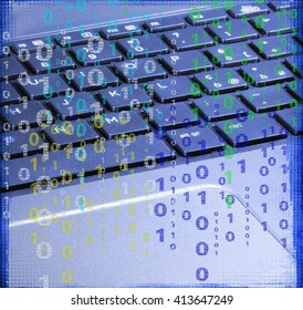 Blue keyboard of laptop with binary code