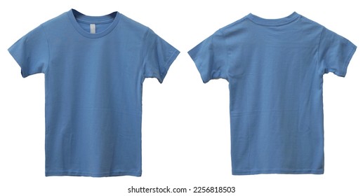 Blue kids t-shirt mock up, front and back view, isolated. Plain light blue shirt mockup. Tshirt design template. Blank tee for print