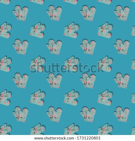 Blue kitchen gloves with shadow on blue background seamless pattern. Kitchen gloves potholder decorated with flowers repeats on blue. 
