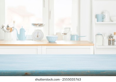 Blue kitchen table background on blur abstract furniture and window sill interior
