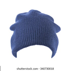 blue knitted beanie  isolated on white background .