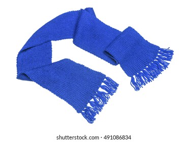 Blue Knitted Scarf On A White Background.