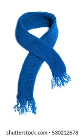 Blue Knitted Scarf On A White Background.