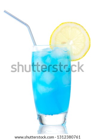 Blue lagoon cocktail with slice of lemon with ice cubes and straw isolated on white