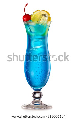 Blue Lagoon cocktail with a slice of lemon and cherry isolated on white