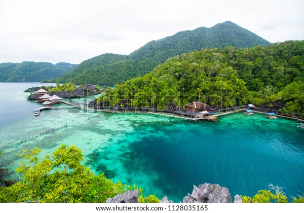 Blue Lagoon and Great\
Lahumalala Bay Area Labengki Island Sulawesi Landmark, small lagoon\
that has clear blue water with a charming arrangement of cars\
around it.