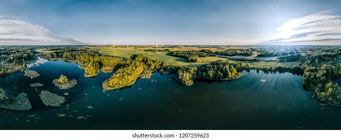 Blue Lake Green Field And Forest Nature In Lithuania