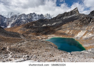 Blue lake view from Renjo la pass in Everest base camp trekking route, Himalaya mountains range, Nepal, Asia