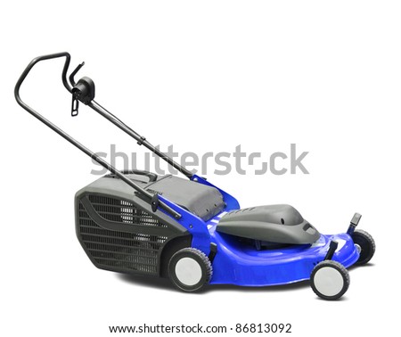 Blue lawn mower. Isolated with clipping path