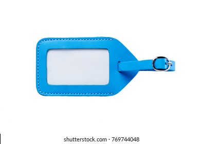 Blue Leather Luggage Tag Isolated On White Background