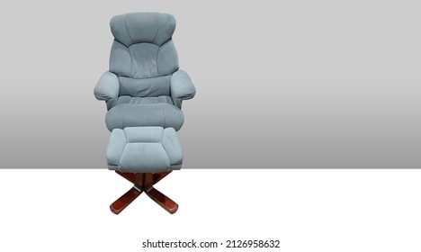 Blue Leather Recliner Armchair And Footstool Set And Brown Wooden Leg On Grey Wall And White Floor Background, Object, Furniture, Vintage, Retro, Modern, Copy Space