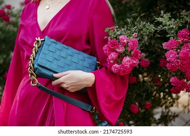 Blue Leather Wicker Bag, Purse In Trendy Summer Women Outfit. Copy, Empty Space For Text