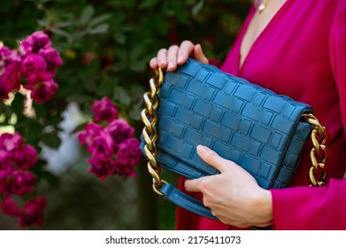 Blue Leather Wicker Bag, Purse In Trendy Summer Female Outfit. Copy, Empty Space For Text