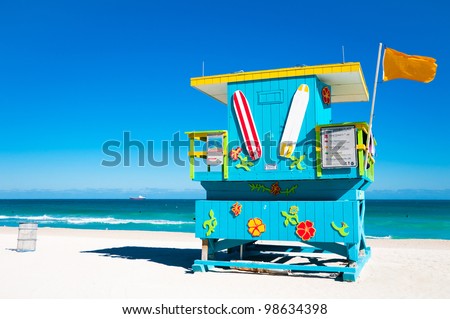 Blue Lifeguard Tower in South Beach, Miami Beach, Florida