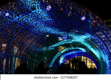 Blue Light Effect In Christmas Tunnel Of Lights