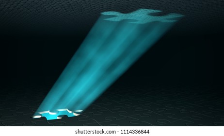 blue light rays from a hole of a missing piece of jigsaw puzzle projected on wall