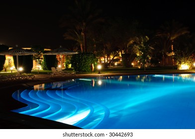 Blue Light Swimming Pool At Night