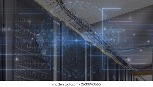 Blue light trails and data processing against empty computer server room. Cyber security and business data storage technology concept