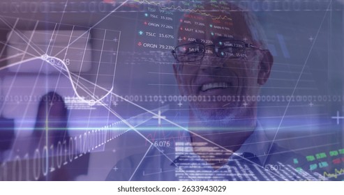 Blue light trails and stock market data processing against caucasian senior man smiling at office. Business data and analytics technology concept - Powered by Shutterstock - Get 15% off with code: PIKWIZARD15