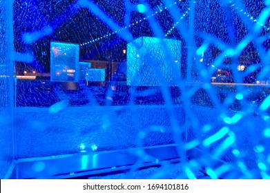 Blue Lighted, See Through, Cracked, Glass Cube Shape Sculptures