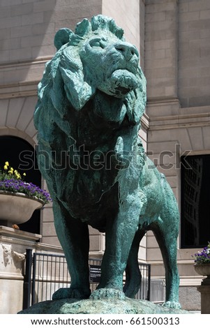 Blue lion monument in a downtown of Chicago - art institute, tourism landmark