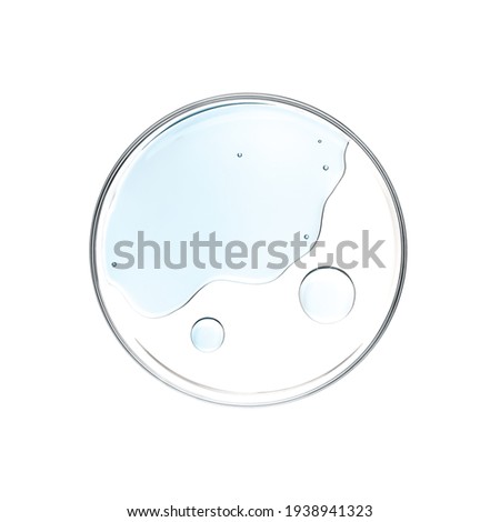Blue liquid in petri dish over white background - flat lay