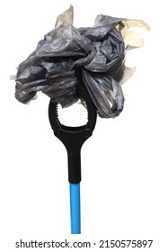 Blue Litter Picker With Plastic Bag Isolated On White 