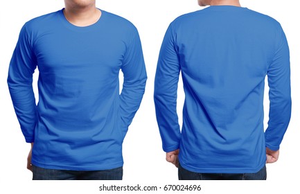 Blue long sleeved t-shirt mock up, front and back view, isolated. Male model wear plain navy blue shirt mockup. Long sleeve shirt design template. Blank tees for print