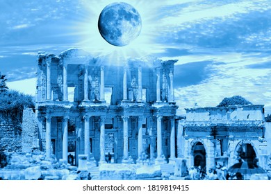 Blue Lunar Eclipse And  Ephesus Ancient City 