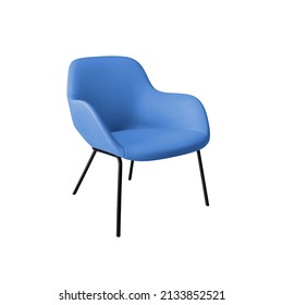 Blue Luxury Leather Classical Armchair With Black Metal Legs For Cafe And Office, Isolated On White Background With Clipping Path. Series Of Furniture