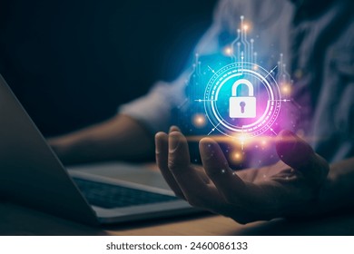 Blue Magenta Cybersecurity or Internet Network Security Systems Technology and Encryption Data Protection Concepts. Cybersecurity Lock in HUD and Circuit and Laptop Computer in Vintage