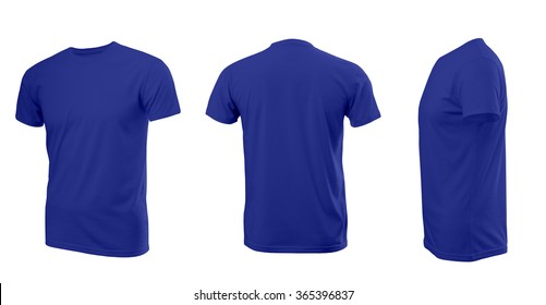 Blue man's T-shirt with short sleeves with rear and side view on a white background