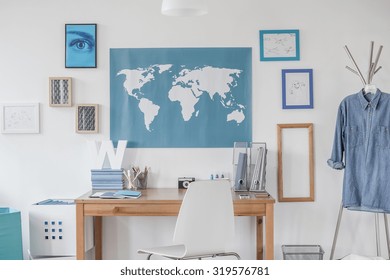 Blue Map On The Wall In Boy's Room