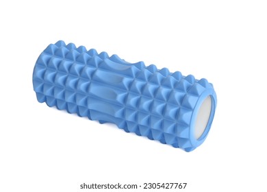 A blue massage foam roller and isolated on a white background. Close-up. Foam rolling is a self myofascial release technique. Concept of fitness equipment. - Powered by Shutterstock