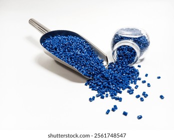 Blue masterbatch granules, polymer masterbatch type cold cutting raw material granular, isolated on white background, for product catalog design of plastic manufacturing industry company profile