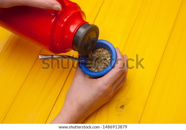 Download Blue Matte Red Thermos Yellow Wooden Stock Photo Edit Now 1486913879 Yellowimages Mockups