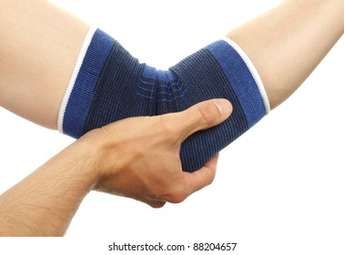 blue medicine bandage on injury elbow on white background