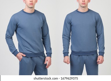 Blue men 's sweatshirt. Blue sweatshirt template. Front view, side view - Shutterstock ID 1679629375