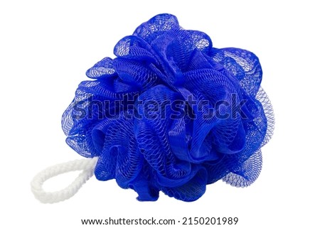 Blue mesh pouf bath sponge washcloth single object isolated on white background closeup photo. Soft synthetic shower wash cloth.Washing hygiene clipart design element. Spa body care accessory product.