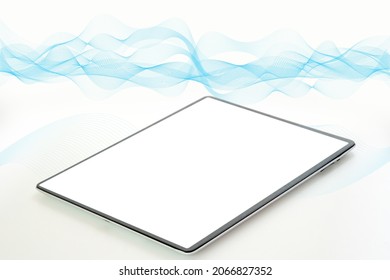 blue mesh wire pattern connection with speed line light over on blank mockup tablet for innovative, connection, protection concept. 