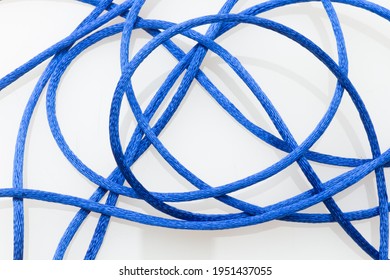 Blue Messy String, String Out Of Coil A Bit Messy; Blue String On White Background