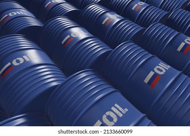 Blue metal oil barrels with Russia flag and oil written on it - Shutterstock ID 2133660099