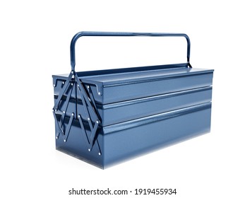 Blue metal toolbox closed over white background